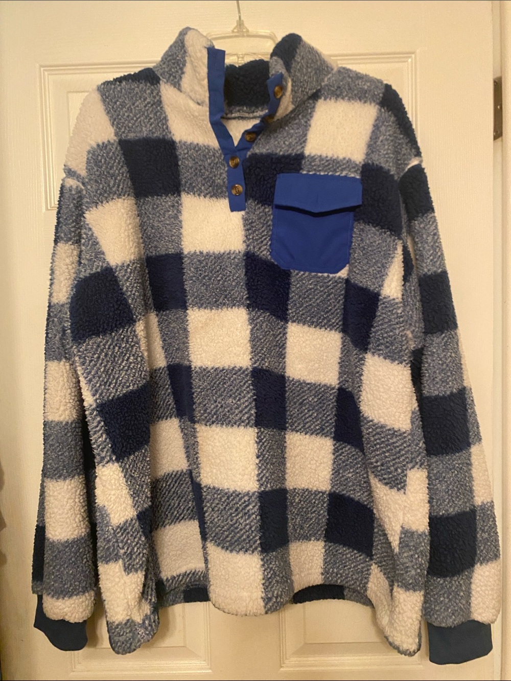 Men's Blue and White Check Sherpa Pullover Sweatshirt